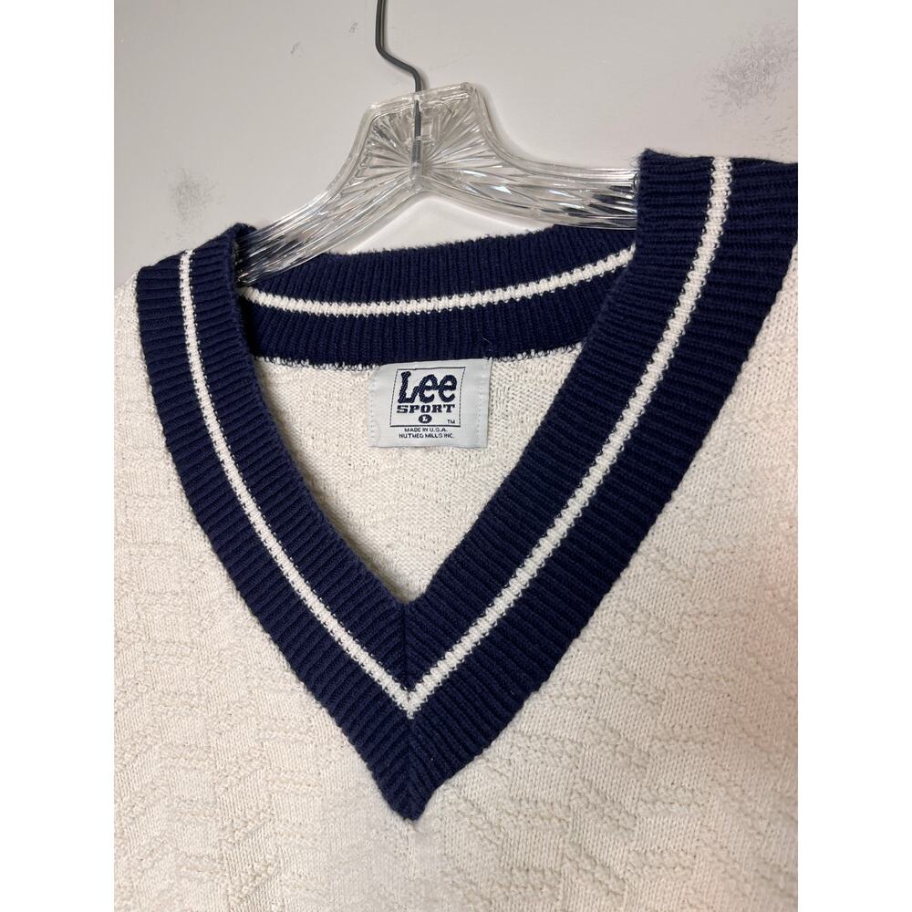 1990s Lee Sport Cream Navy Blue Varsity Tenniscore Prep Country Club Sweater L - Picture 2 of 6